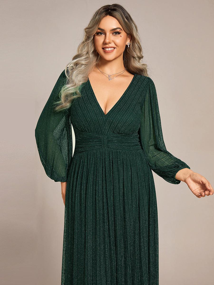 Robe de soirée trapèze à manches longues et taille empire scintillante #Couleur_Vert Fonce