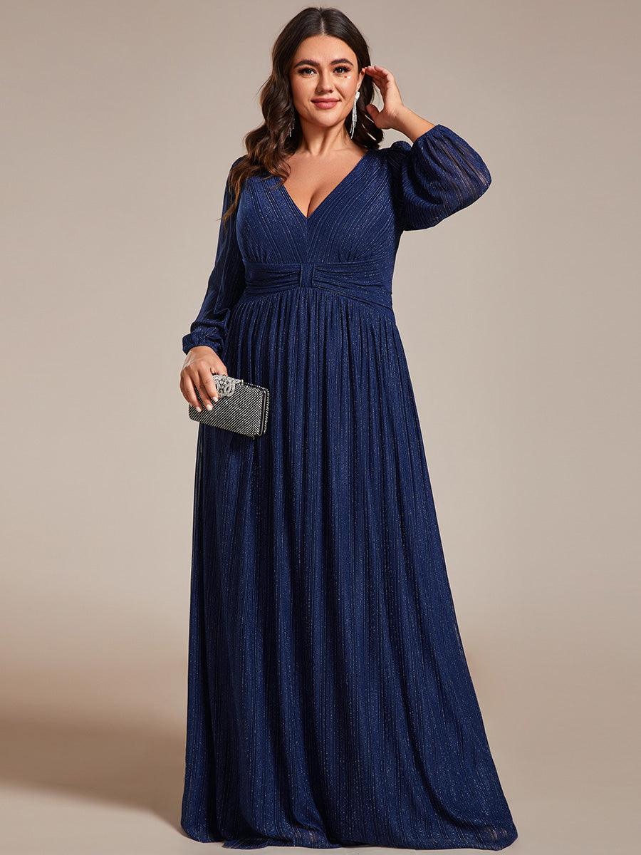 Robe de soirée trapèze à manches longues et taille empire scintillante #Couleur_Bleu Marine