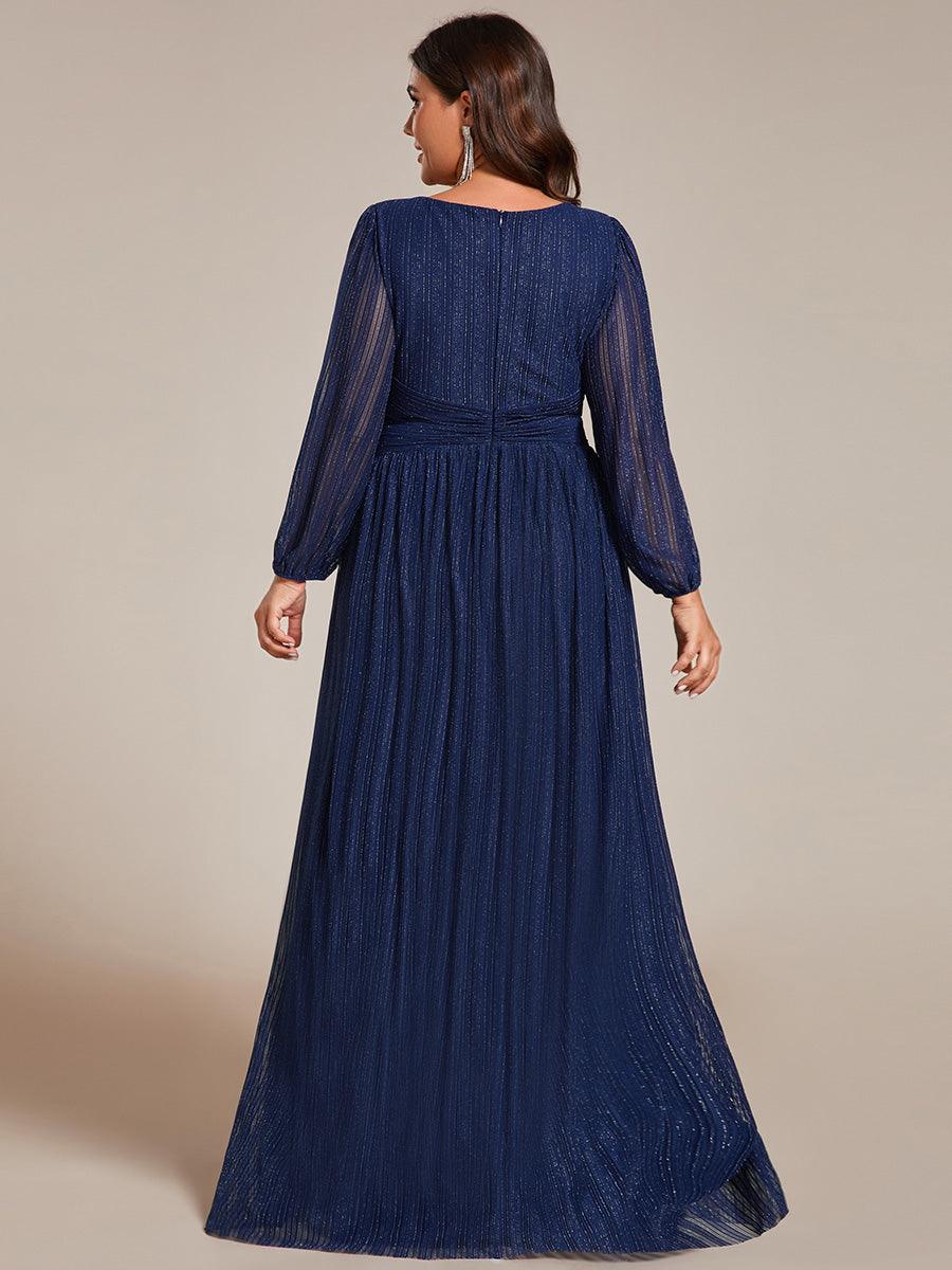 Robe de soirée trapèze à manches longues et taille empire scintillante #Couleur_Bleu Marine