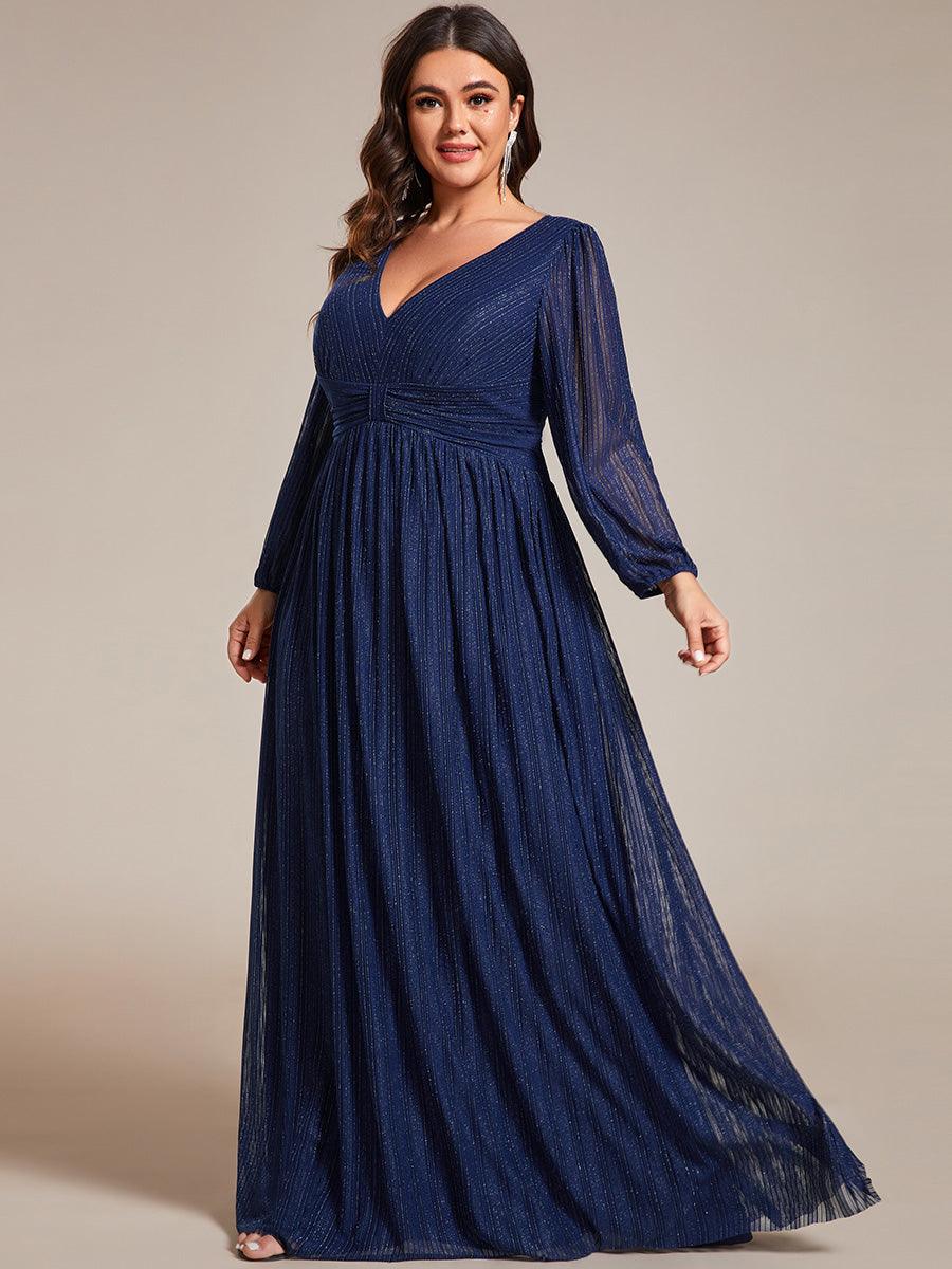 Robe de soirée trapèze à manches longues et taille empire scintillante #Couleur_Bleu Marine