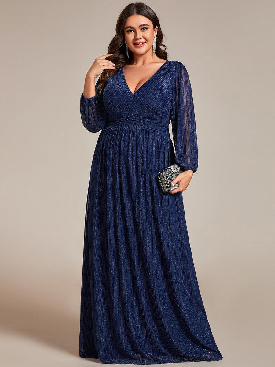 Robe de soirée trapèze à manches longues et taille empire scintillante #Couleur_Bleu Marine