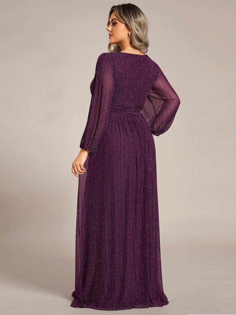 Robe de soirée trapèze à manches longues et taille empire scintillante #Couleur_Glycine violette