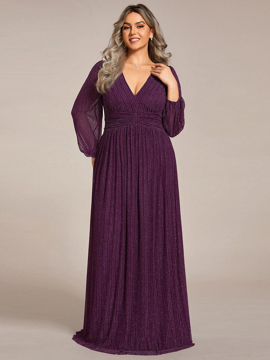 Robe de soirée trapèze à manches longues et taille empire scintillante #Couleur_Glycine violette