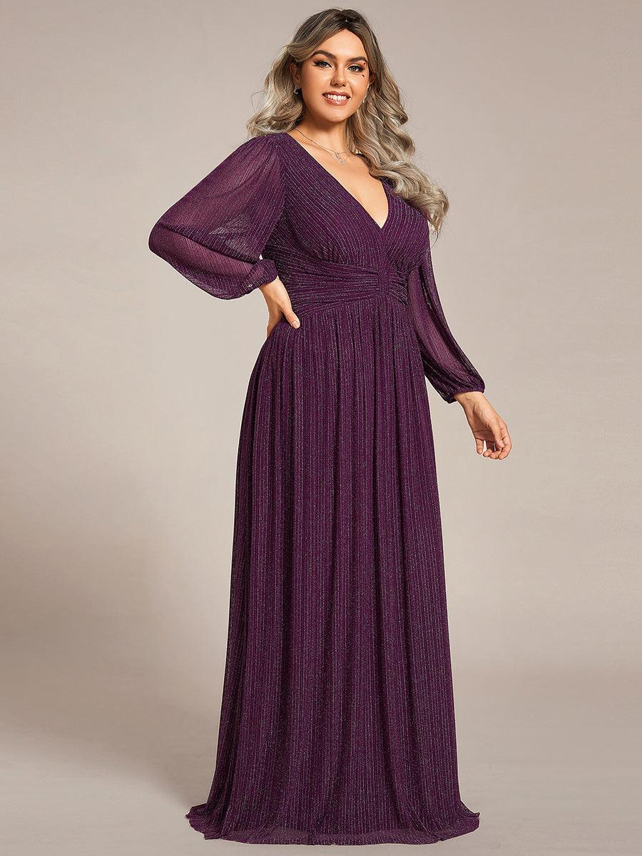Robe de soirée trapèze à manches longues et taille empire scintillante #Couleur_Glycine violette