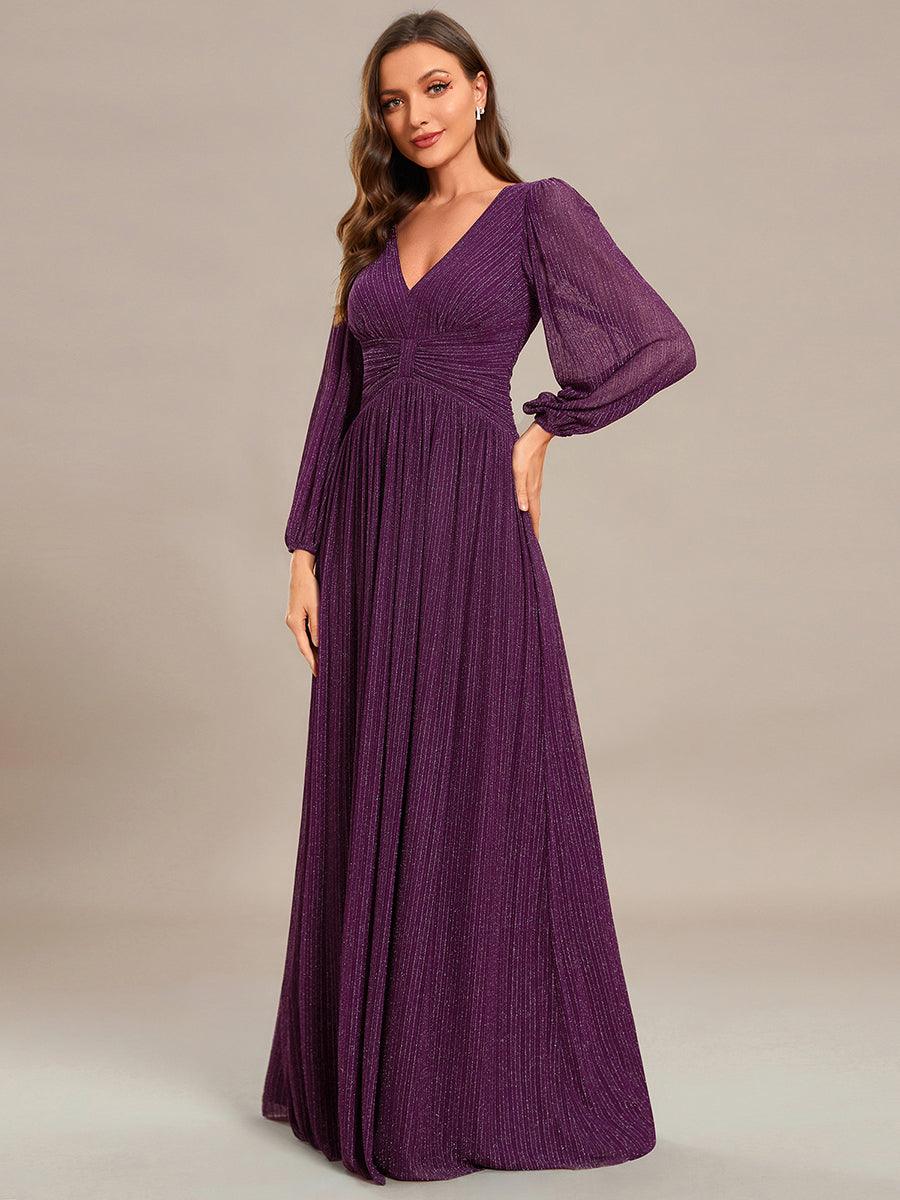 Robe de soirée trapèze à manches longues et taille empire scintillante #Couleur_Glycine violette