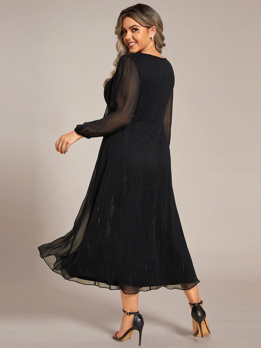 Grande taille Robe de soirée trapèze scintillante à manches longues et col en V en mousseline de soie avec n?ud torsadé #Couleur_Noir Grande taille Robe de soirée trapèze scintillante à manches longues et col en V en mousseline de soie avec n?ud torsadé
