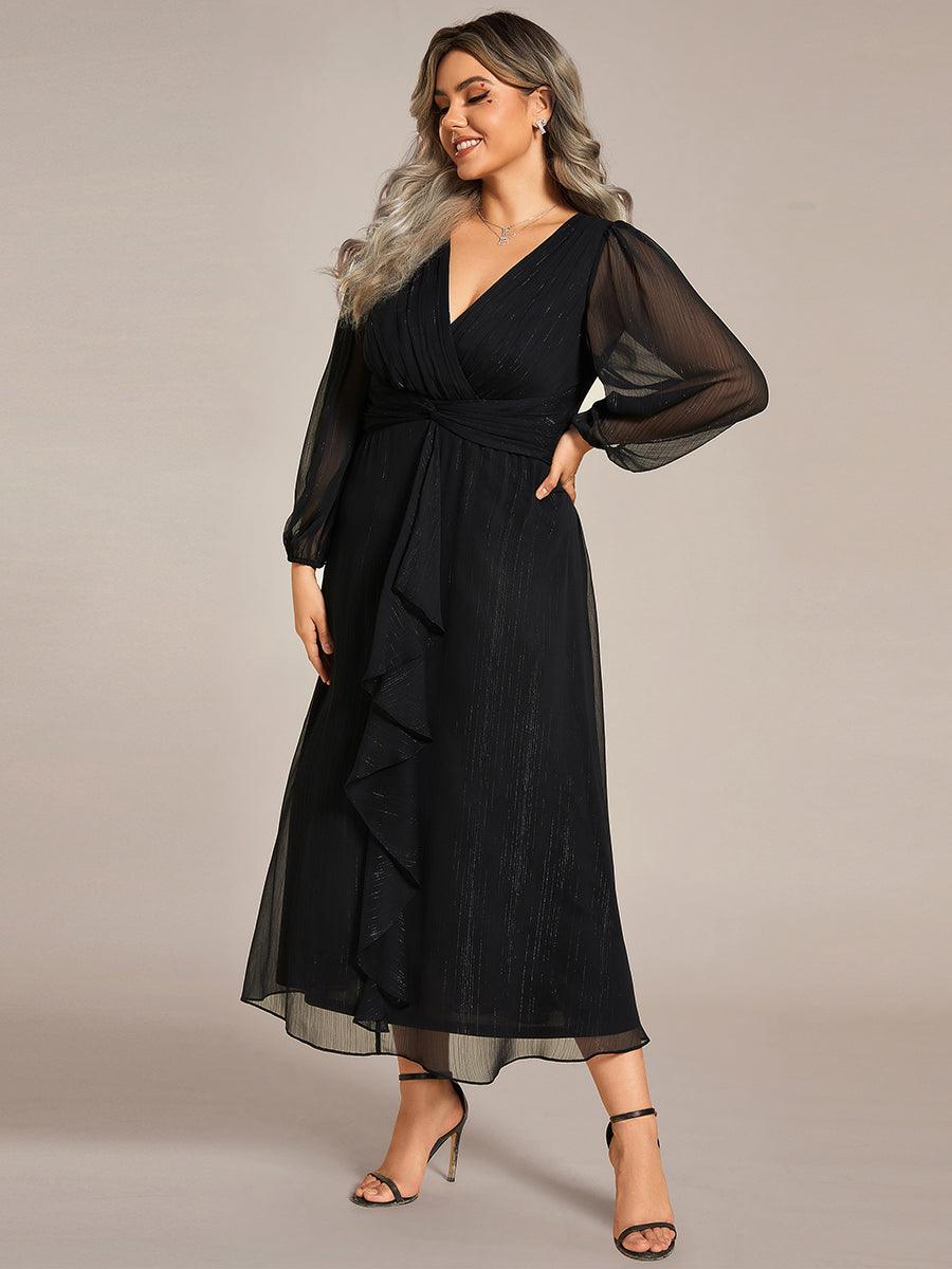 Grande taille Robe de soirée trapèze scintillante à manches longues et col en V en mousseline de soie avec n?ud torsadé #Couleur_Noir Grande taille Robe de soirée trapèze scintillante à manches longues et col en V en mousseline de soie avec n?ud torsadé
