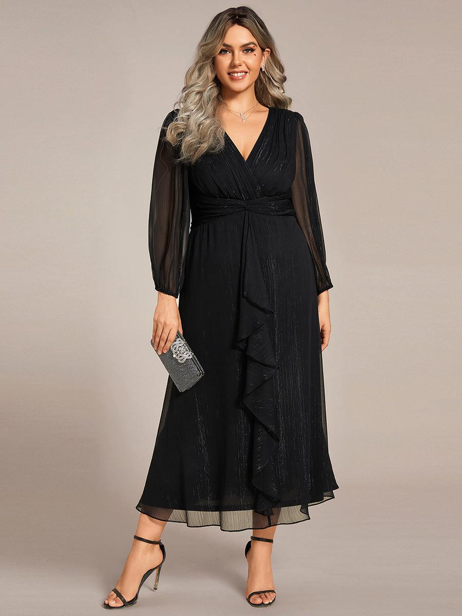 Grande taille Robe de soirée trapèze scintillante à manches longues et col en V en mousseline de soie avec n?ud torsadé #Couleur_Noir Grande taille Robe de soirée trapèze scintillante à manches longues et col en V en mousseline de soie avec n?ud torsadé