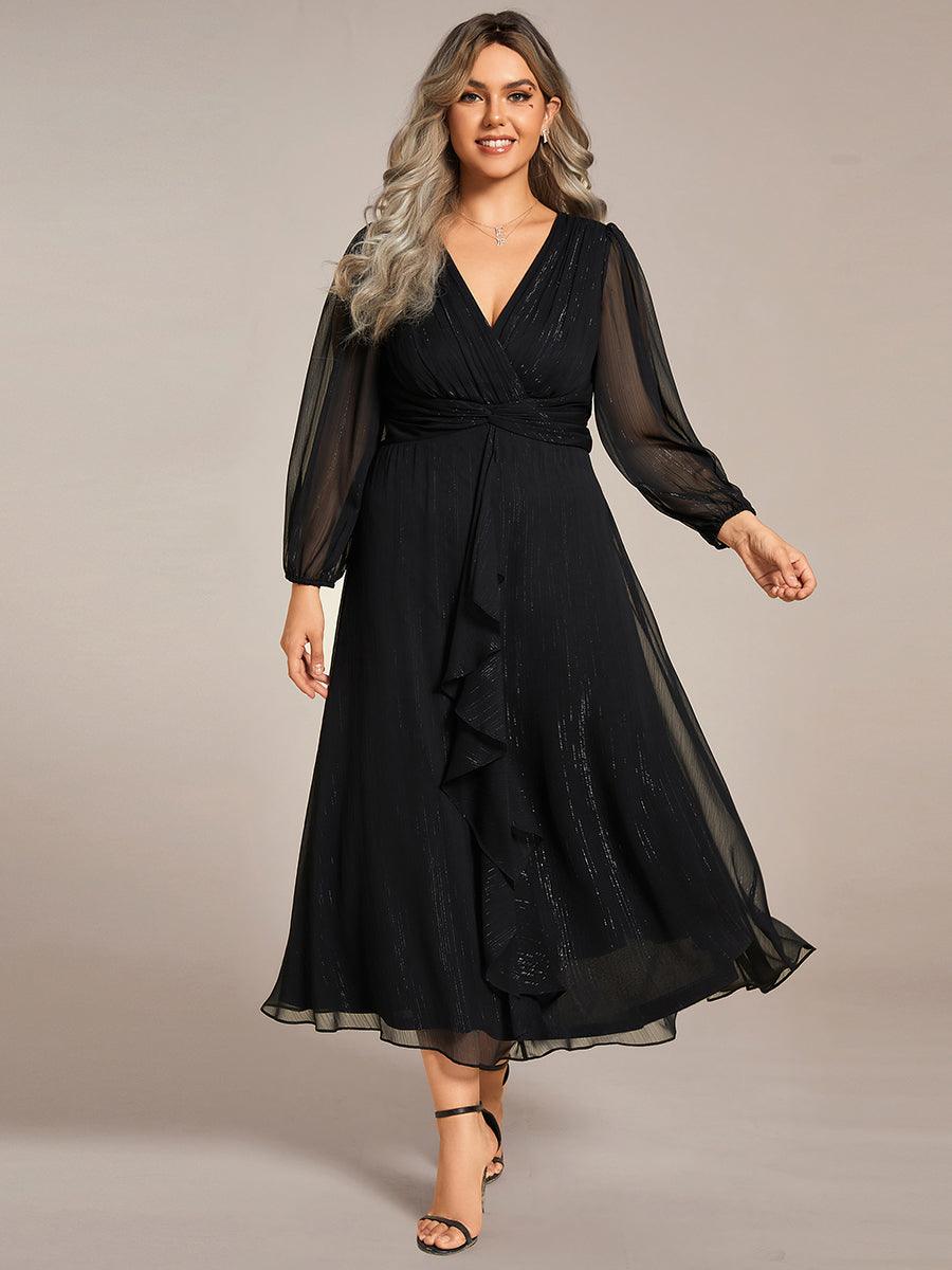 Grande taille Robe de soirée trapèze scintillante à manches longues et col en V en mousseline de soie avec n?ud torsadé #Couleur_Noir Grande taille Robe de soirée trapèze scintillante à manches longues et col en V en mousseline de soie avec n?ud torsadé