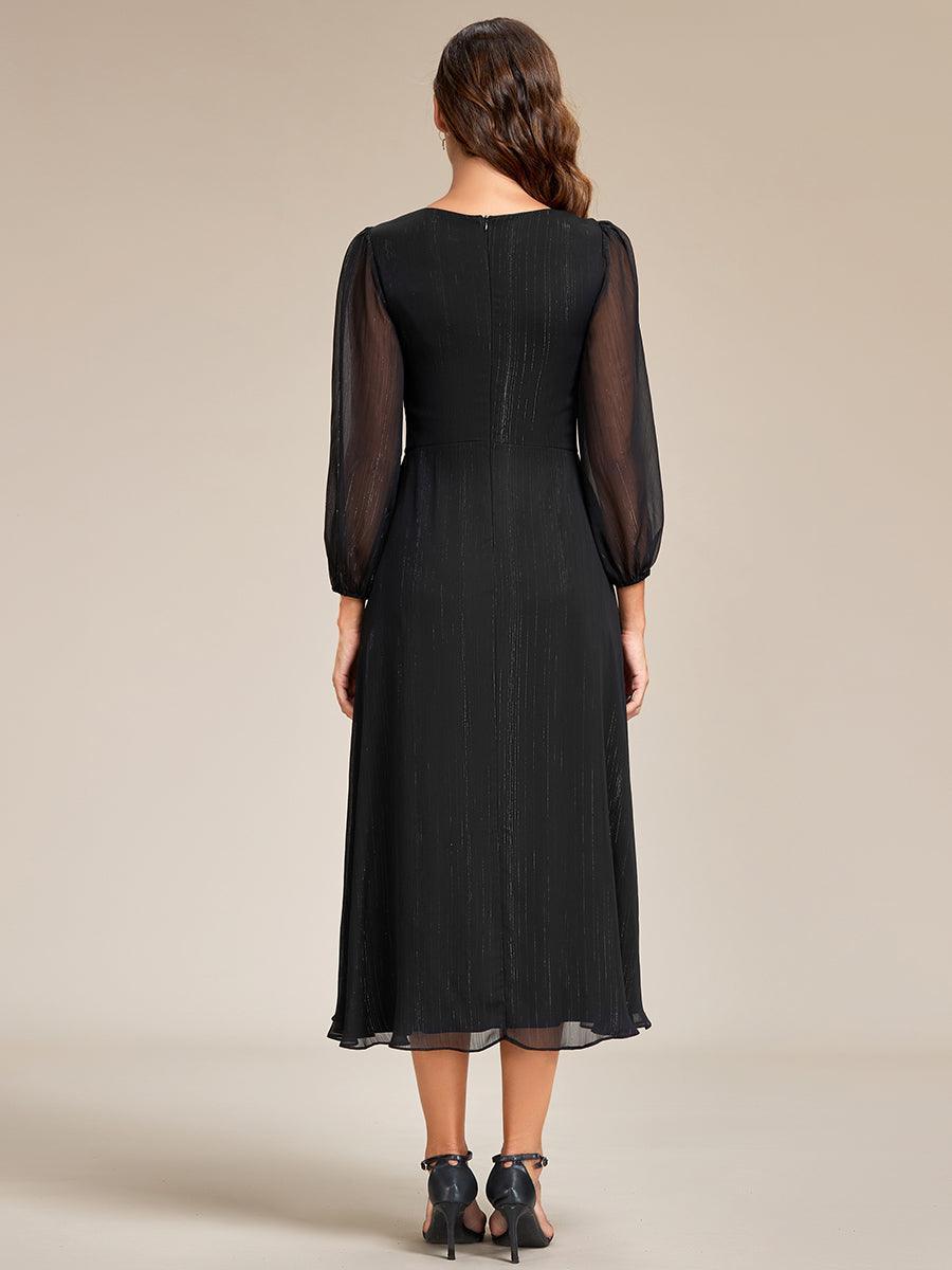Robe de soirée trapèze scintillante à manches longues et col en V en mousseline de soie avec n?ud torsadé #Couleur_Noir