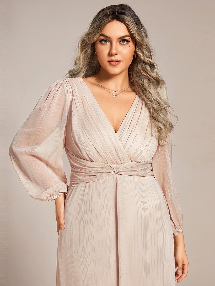 Grande taille Robe de soirée trapèze scintillante à manches longues et col en V en mousseline de soie avec n?ud torsadé #Couleur_Charbon