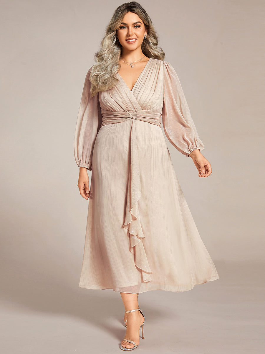 Grande taille Robe de soirée trapèze scintillante à manches longues et col en V en mousseline de soie avec n?ud torsadé #Couleur_Charbon