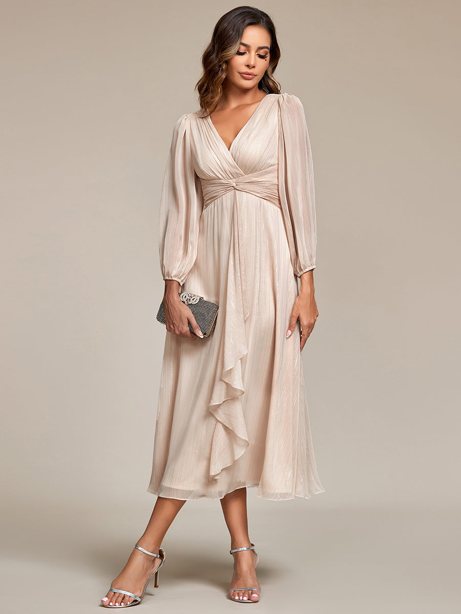 Robe de soirée trapèze scintillante à manches longues et col en V en mousseline de soie avec n?ud torsadé #Couleur_Charbon