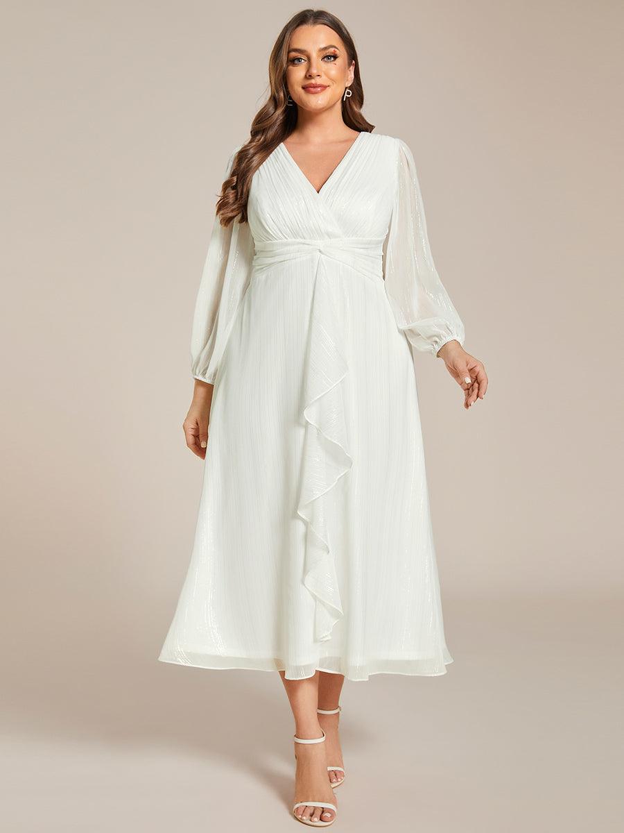 Grande taille Robe de soirée trapèze scintillante à manches longues et col en V en mousseline de soie avec n?ud torsadé #Couleur_Creme