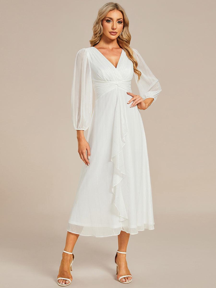 Robe de soirée trapèze scintillante à manches longues et col en V en mousseline de soie avec n?ud torsadé #Couleur_Creme
