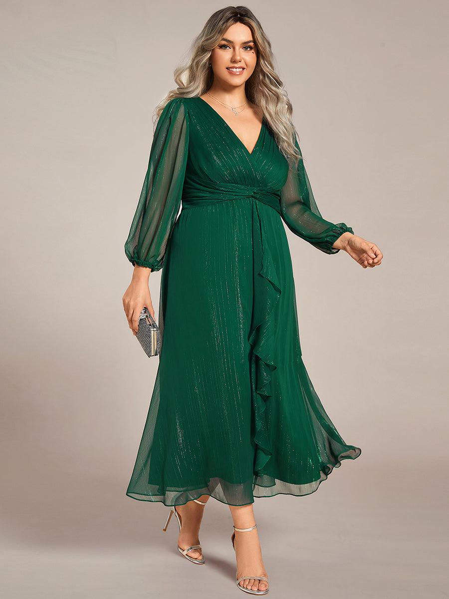 Grande taille Robe de soirée trapèze scintillante à manches longues et col en V en mousseline de soie avec n?ud torsadé #Couleur_Noir Grande taille Robe de soirée trapèze scintillante à manches longues et col en V en mousseline de soie avec n?ud torsadé