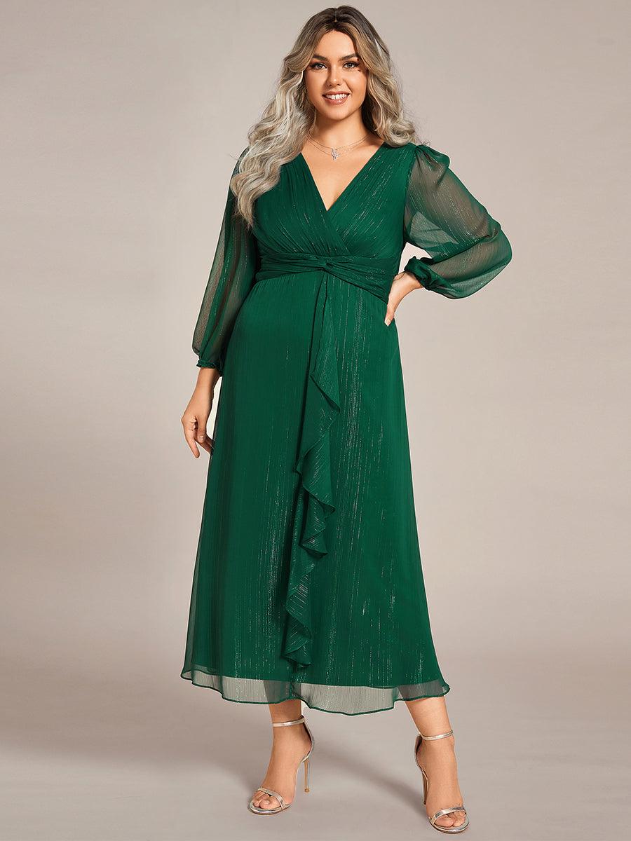 Grande taille Robe de soirée trapèze scintillante à manches longues et col en V en mousseline de soie avec n?ud torsadé #Couleur_Noir Grande taille Robe de soirée trapèze scintillante à manches longues et col en V en mousseline de soie avec n?ud torsadé