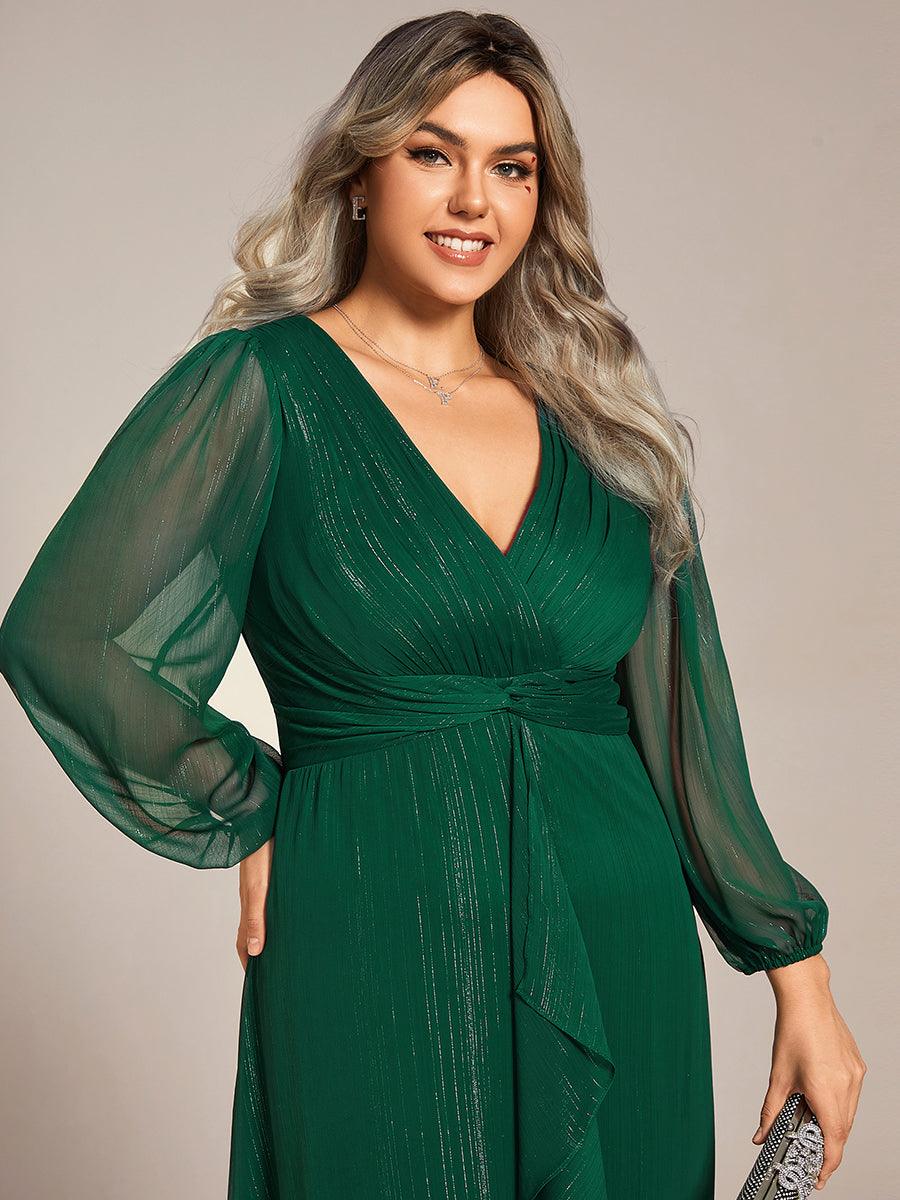 Grande taille Robe de soirée trapèze scintillante à manches longues et col en V en mousseline de soie avec n?ud torsadé #Couleur_Noir Grande taille Robe de soirée trapèze scintillante à manches longues et col en V en mousseline de soie avec n?ud torsadé