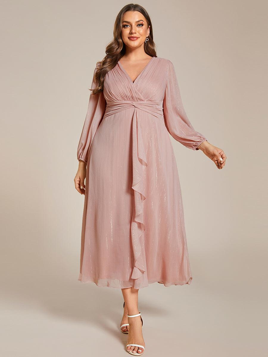 Grande taille Robe de soirée trapèze scintillante à manches longues et col en V en mousseline de soie avec n?ud torsadé #Couleur_Rose fumee