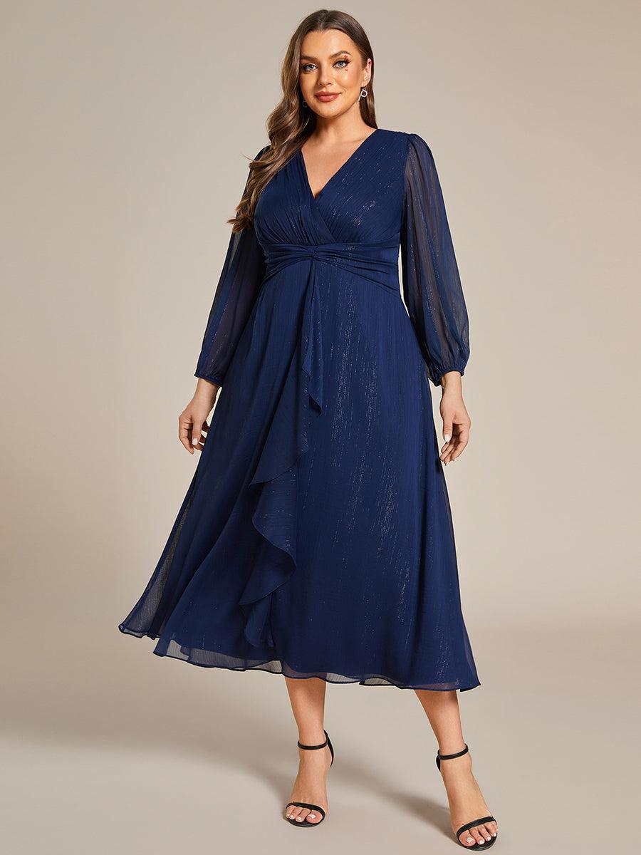 Grande taille Robe de soirée trapèze scintillante à manches longues et col en V en mousseline de soie avec n?ud torsadé #Couleur_Bleu Marine
