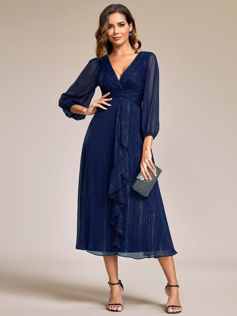 Robe de soirée trapèze scintillante à manches longues et col en V en mousseline de soie avec n?ud torsadé #Couleur_Bleu Marine