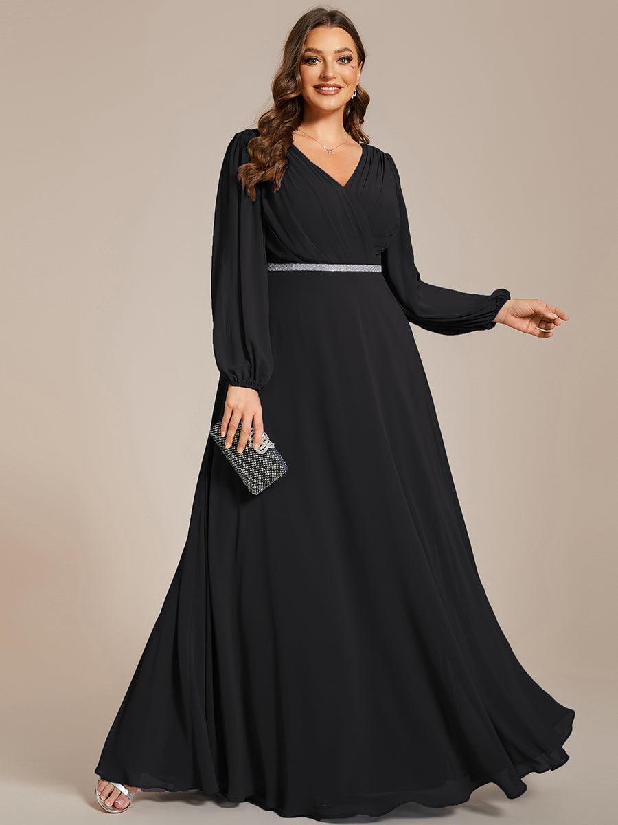 Robe de soirée plissée en mousseline de soie double col en V manches longues ceinture brillante #Couleur_Noir