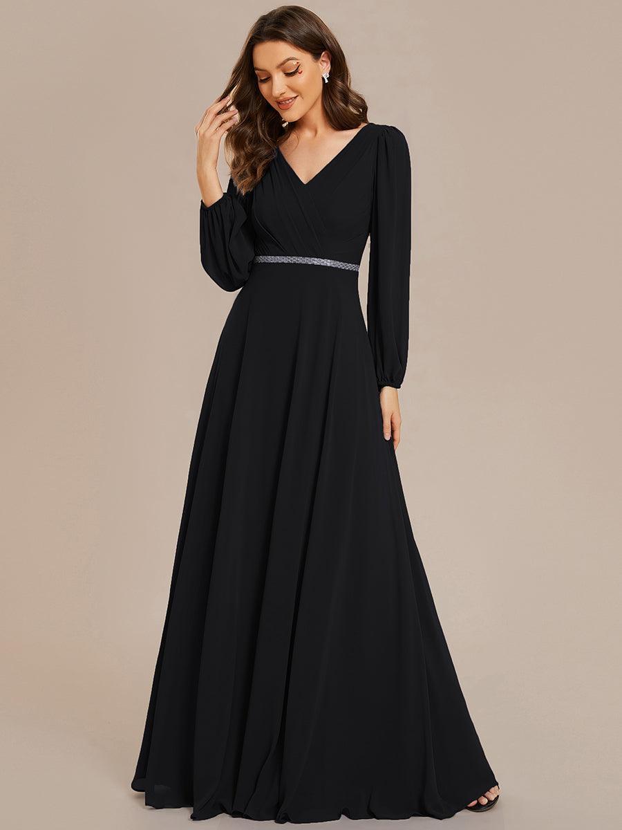 Robe de soirée plissée en mousseline de soie double col en V manches longues ceinture brillante #Couleur_Noir
