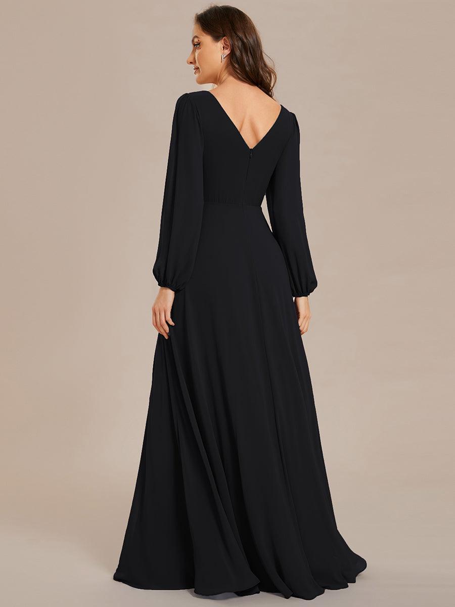 Robe de soirée plissée en mousseline de soie double col en V manches longues ceinture brillante #Couleur_Noir