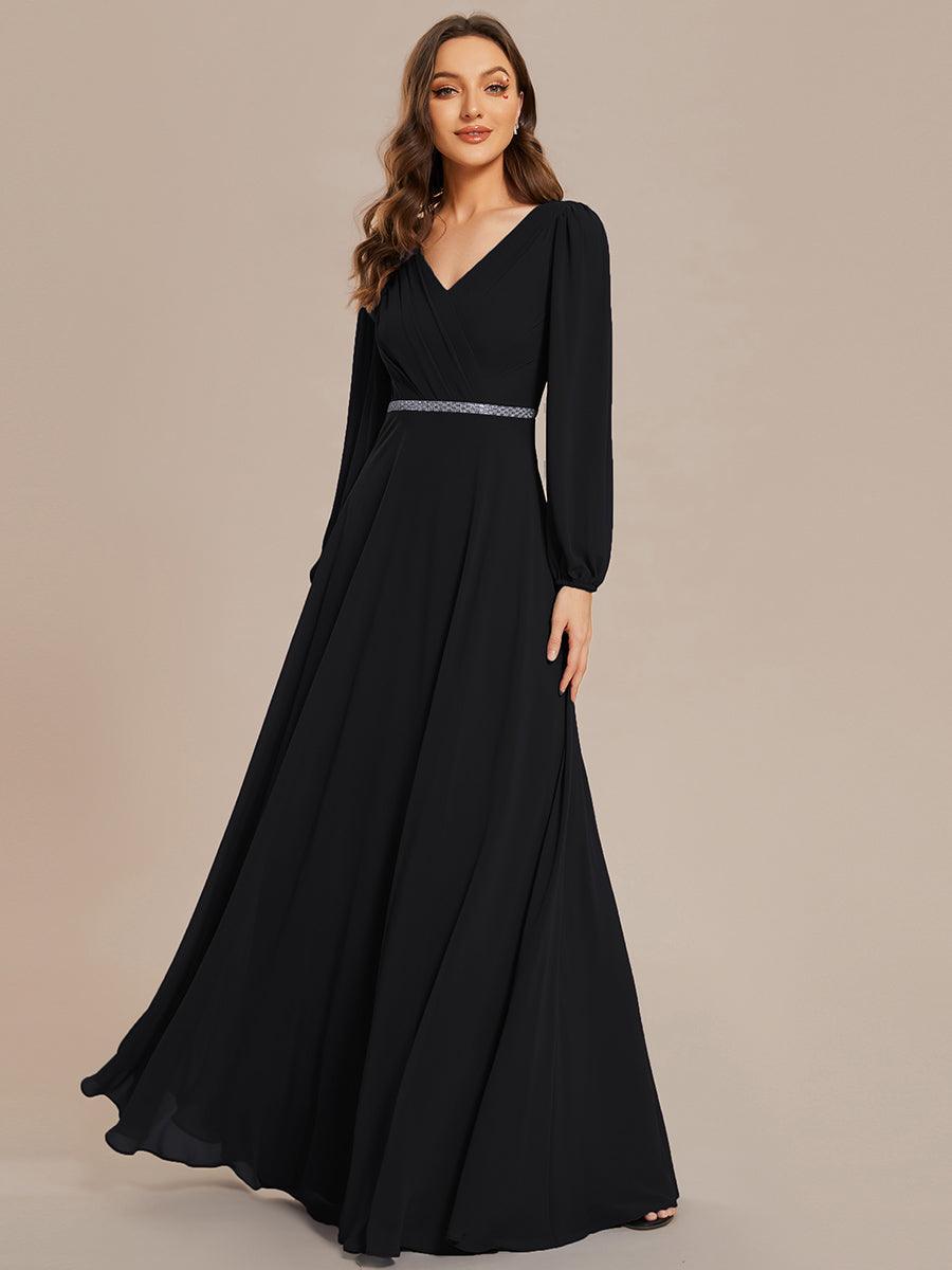Robe de soirée plissée en mousseline de soie double col en V manches longues ceinture brillante #Couleur_Noir