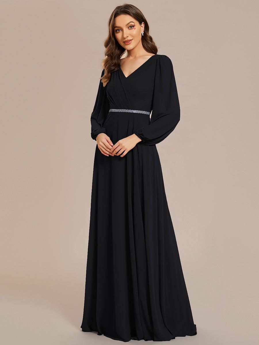 Robe de soirée plissée en mousseline de soie double col en V manches longues ceinture brillante #Couleur_Noir