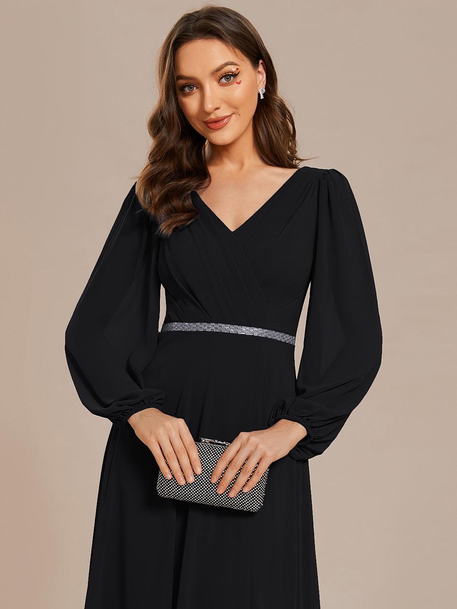 Robe de soirée plissée en mousseline de soie double col en V manches longues ceinture brillante #Couleur_Noir