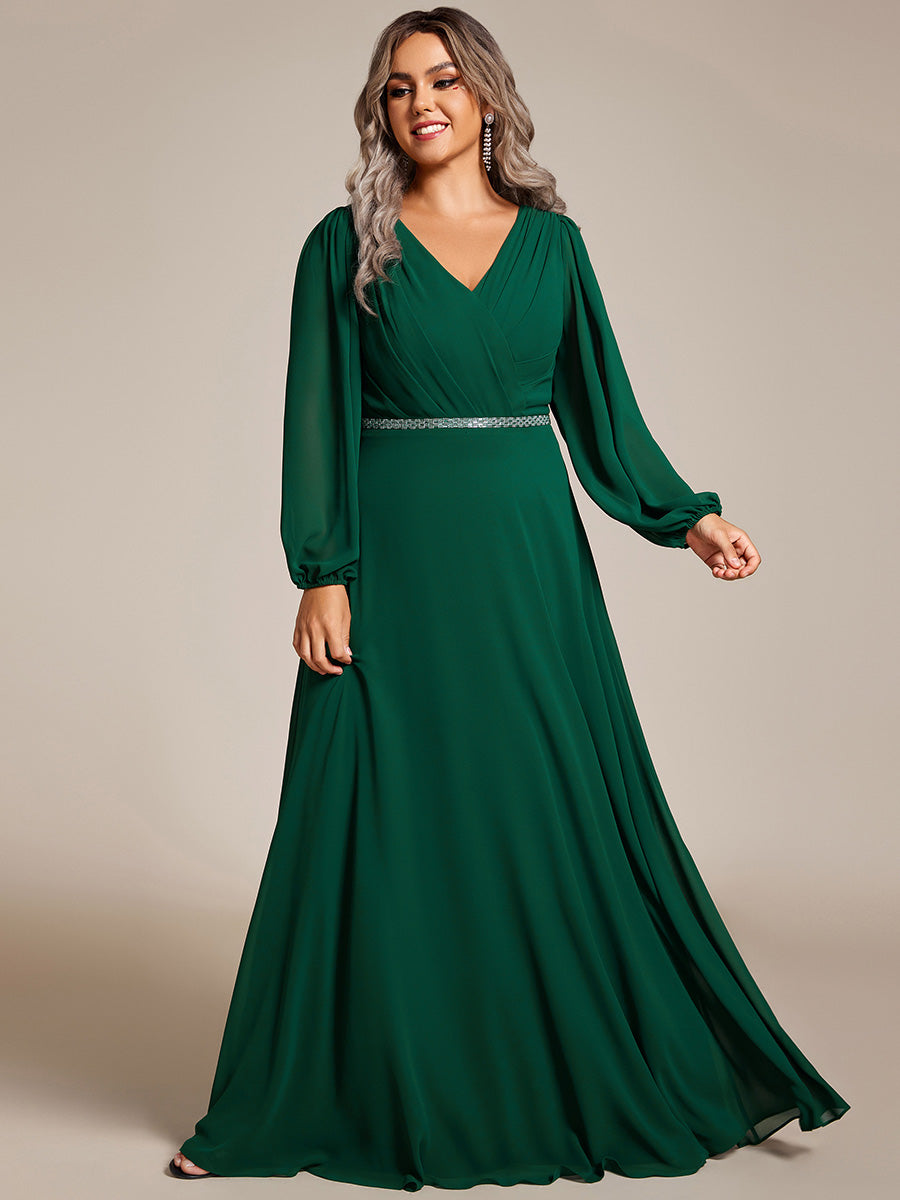 Grande Taille Robe de soirée plissée en mousseline de soie double col en V manches longues ceinture brillan #Couleur_Vert Fonce