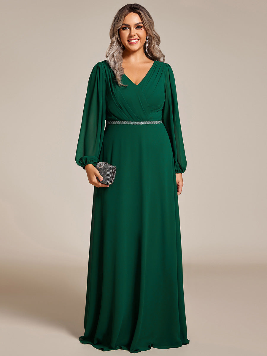 Grande Taille Robe de soirée plissée en mousseline de soie double col en V manches longues ceinture brillan #Couleur_Vert Fonce