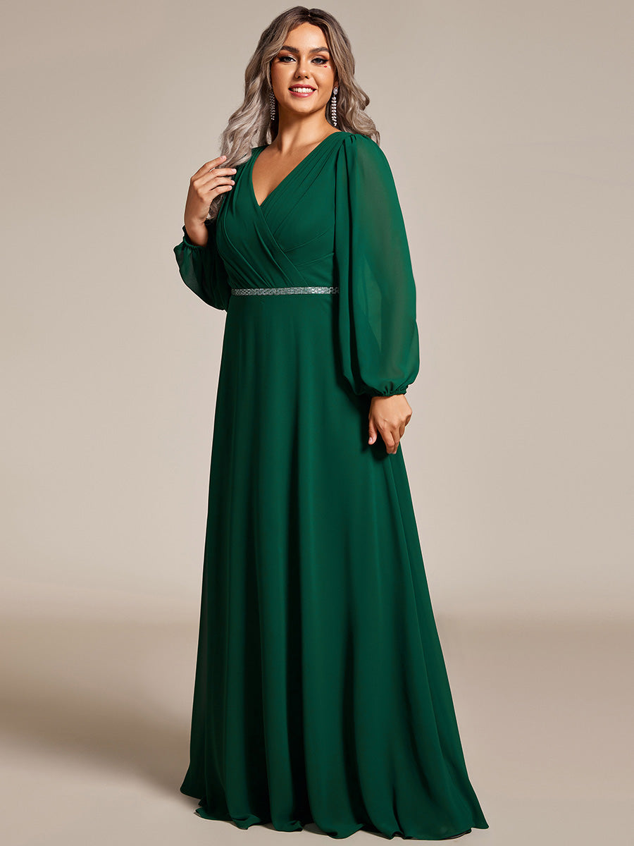 Grande Taille Robe de soirée plissée en mousseline de soie double col en V manches longues ceinture brillan #Couleur_Vert Fonce