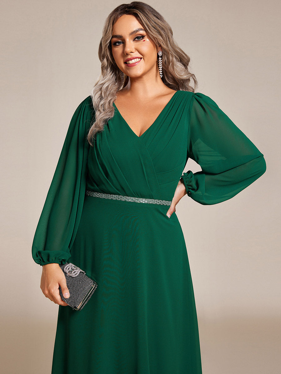 Grande Taille Robe de soirée plissée en mousseline de soie double col en V manches longues ceinture brillan #Couleur_Vert Fonce