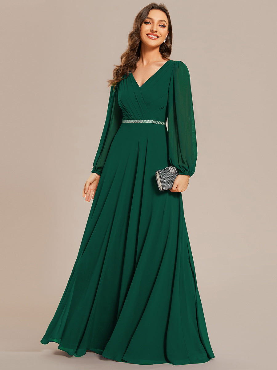 Robe de soirée plissée en mousseline de soie double col en V manches longues ceinture brillante #Couleur_Vert Fonce