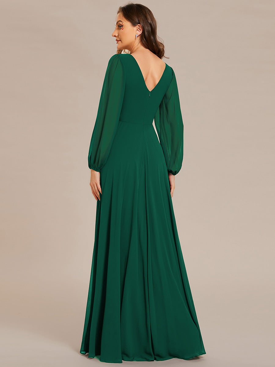 Robe de soirée plissée en mousseline de soie double col en V manches longues ceinture brillante #Couleur_Vert Fonce