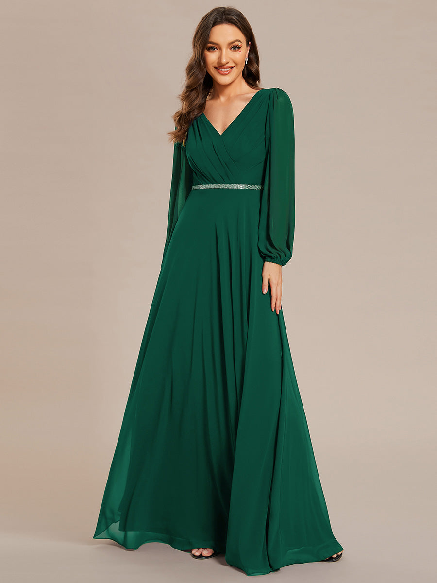 Robe de soirée plissée en mousseline de soie double col en V manches longues ceinture brillante #Couleur_Vert Fonce