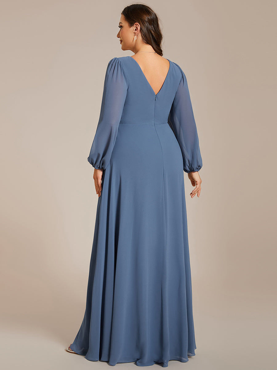 Robe de soirée plissée en mousseline de soie double col en V manches longues ceinture brillante #Couleur_Marine Fume Robe de soirée plissée en mousseline de soie double col en V manches longues ceinture brillante