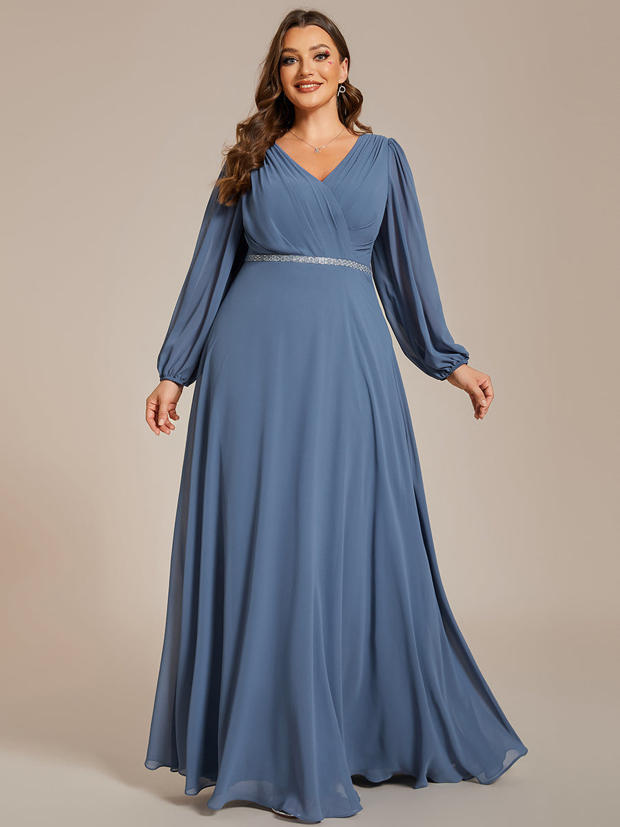 Grande Taille Robe de soirée plissée en mousseline de soie double col en V manches longues ceinture brillan #Couleur_Marine Fume Grande Taille Robe de soirée plissée en mousseline de soie double col en V manches longues ceinture brillan