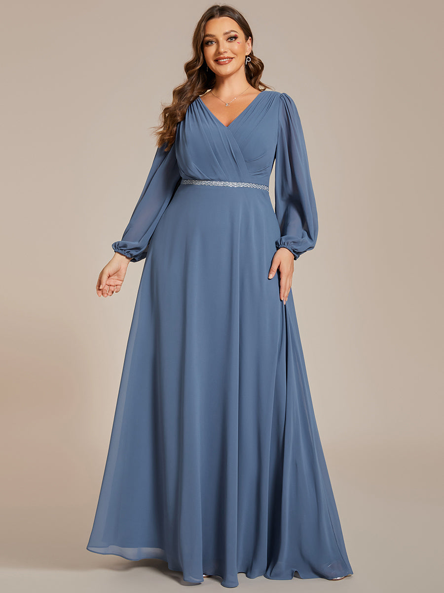 Grande Taille Robe de soirée plissée en mousseline de soie double col en V manches longues ceinture brillan #Couleur_Marine Fume Grande Taille Robe de soirée plissée en mousseline de soie double col en V manches longues ceinture brillan