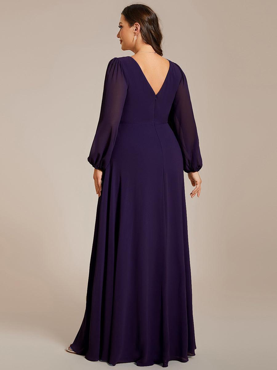 Robe de soirée plissée en mousseline de soie double col en V manches longues ceinture brillante #Couleur_Marine Fume Robe de soirée plissée en mousseline de soie double col en V manches longues ceinture brillante