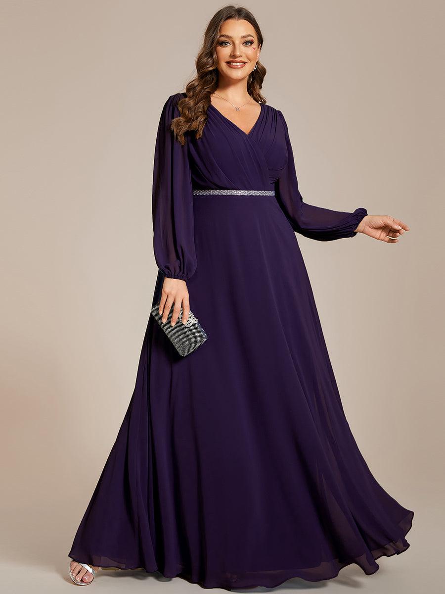 Grande Taille Robe de soirée plissée en mousseline de soie double col en V manches longues ceinture brillan #Couleur_Marine Fume Grande Taille Robe de soirée plissée en mousseline de soie double col en V manches longues ceinture brillan