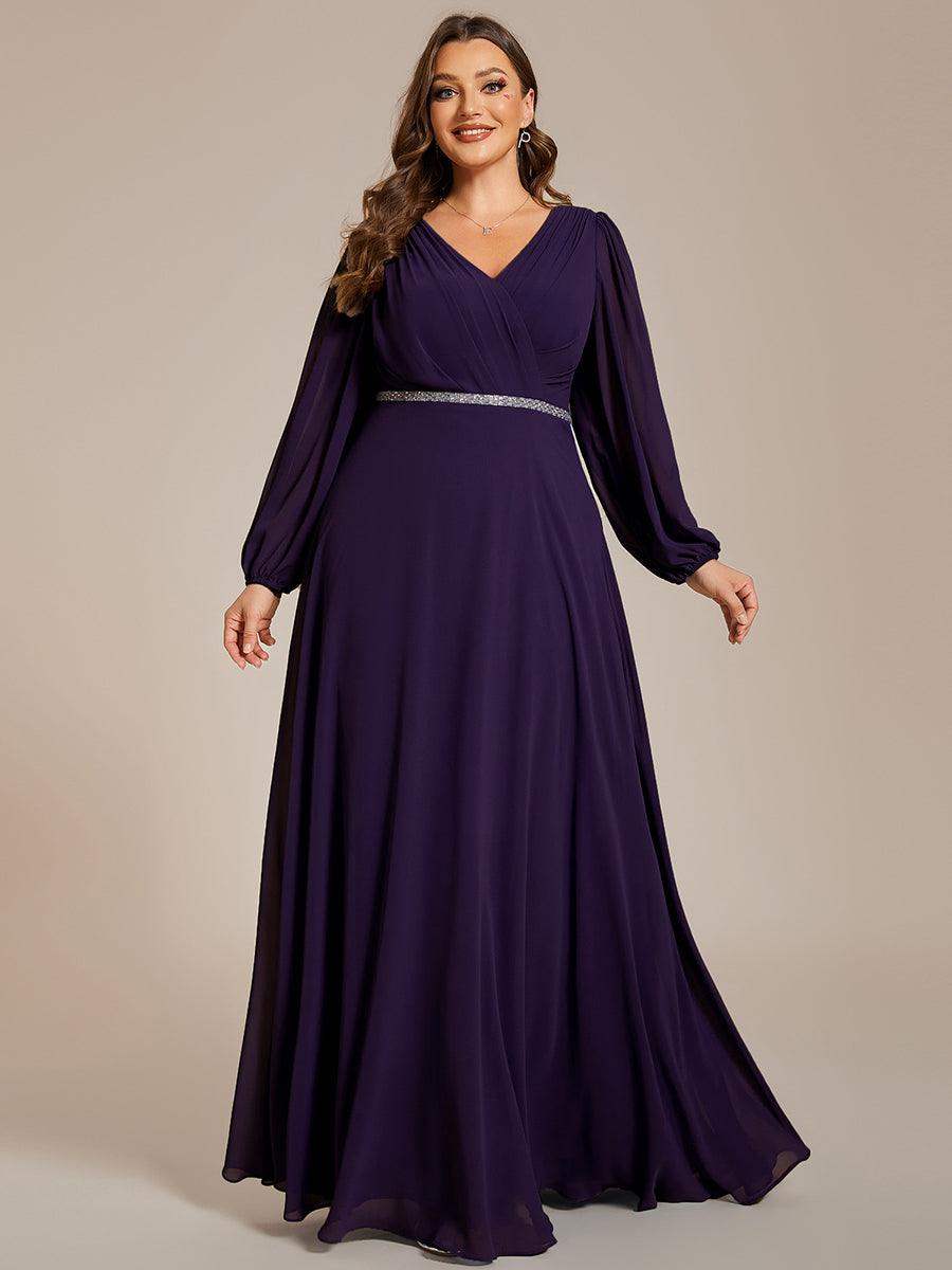 Grande Taille Robe de soirée plissée en mousseline de soie double col en V manches longues ceinture brillan #Couleur_Marine Fume Grande Taille Robe de soirée plissée en mousseline de soie double col en V manches longues ceinture brillan