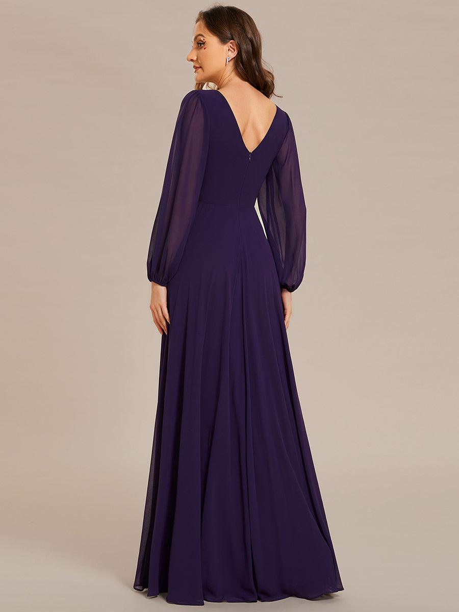 Robe de soirée plissée en mousseline de soie double col en V manches longues ceinture brillante #Couleur_Marine Fume Robe de soirée plissée en mousseline de soie double col en V manches longues ceinture brillante