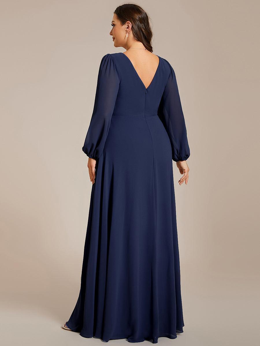 Robe de soirée plissée en mousseline de soie double col en V manches longues ceinture brillante #Couleur_Marine Fume Robe de soirée plissée en mousseline de soie double col en V manches longues ceinture brillante