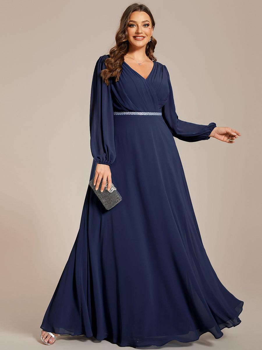 Grande Taille Robe de soirée plissée en mousseline de soie double col en V manches longues ceinture brillan #Couleur_Marine Fume Grande Taille Robe de soirée plissée en mousseline de soie double col en V manches longues ceinture brillan