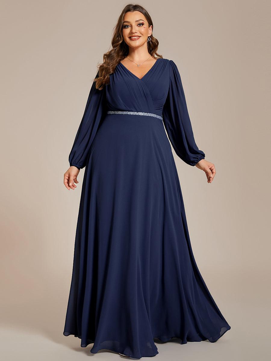 Grande Taille Robe de soirée plissée en mousseline de soie double col en V manches longues ceinture brillan #Couleur_Marine Fume Grande Taille Robe de soirée plissée en mousseline de soie double col en V manches longues ceinture brillan