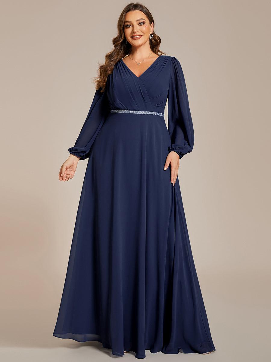 Grande Taille Robe de soirée plissée en mousseline de soie double col en V manches longues ceinture brillan #Couleur_Marine Fume Grande Taille Robe de soirée plissée en mousseline de soie double col en V manches longues ceinture brillan