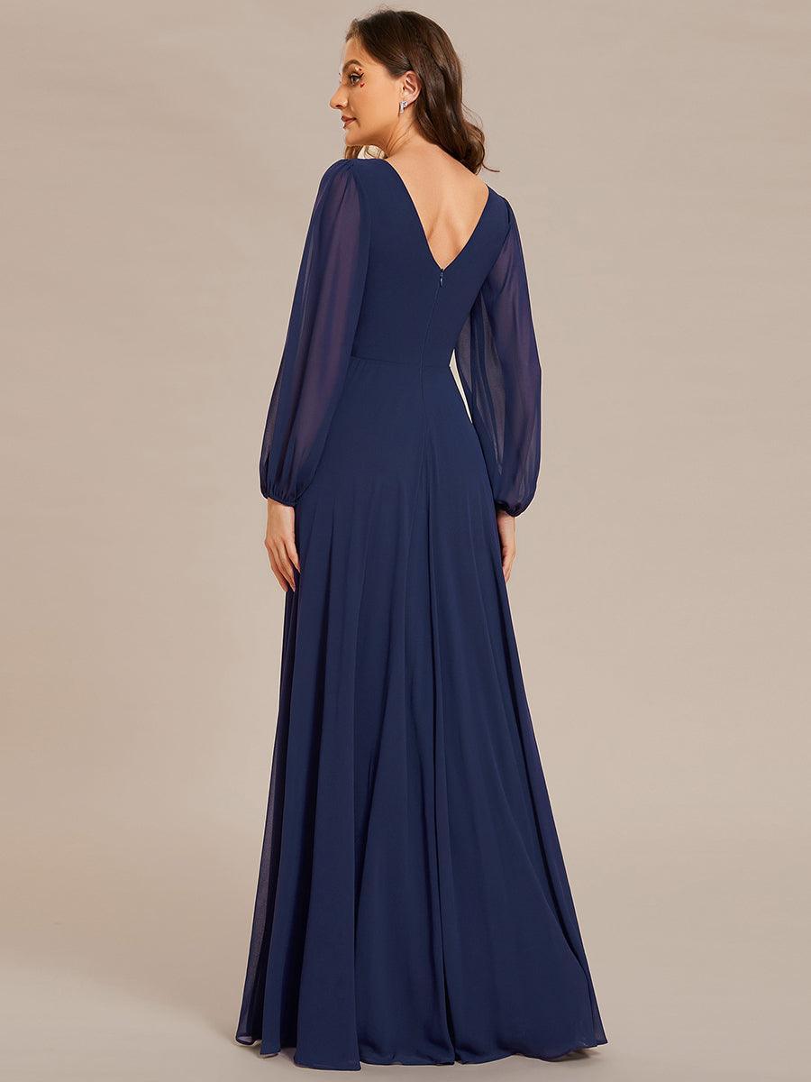 Robe de soirée plissée en mousseline de soie double col en V manches longues ceinture brillante #Couleur_Marine Fume Robe de soirée plissée en mousseline de soie double col en V manches longues ceinture brillante